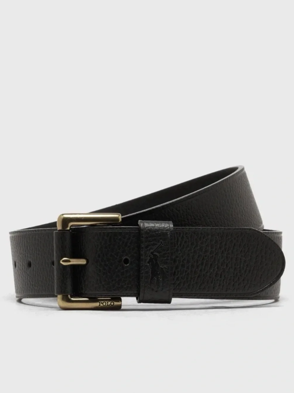 Polo by Ralph Lauren Black Pebbled Leather Belt with Gold Buckle